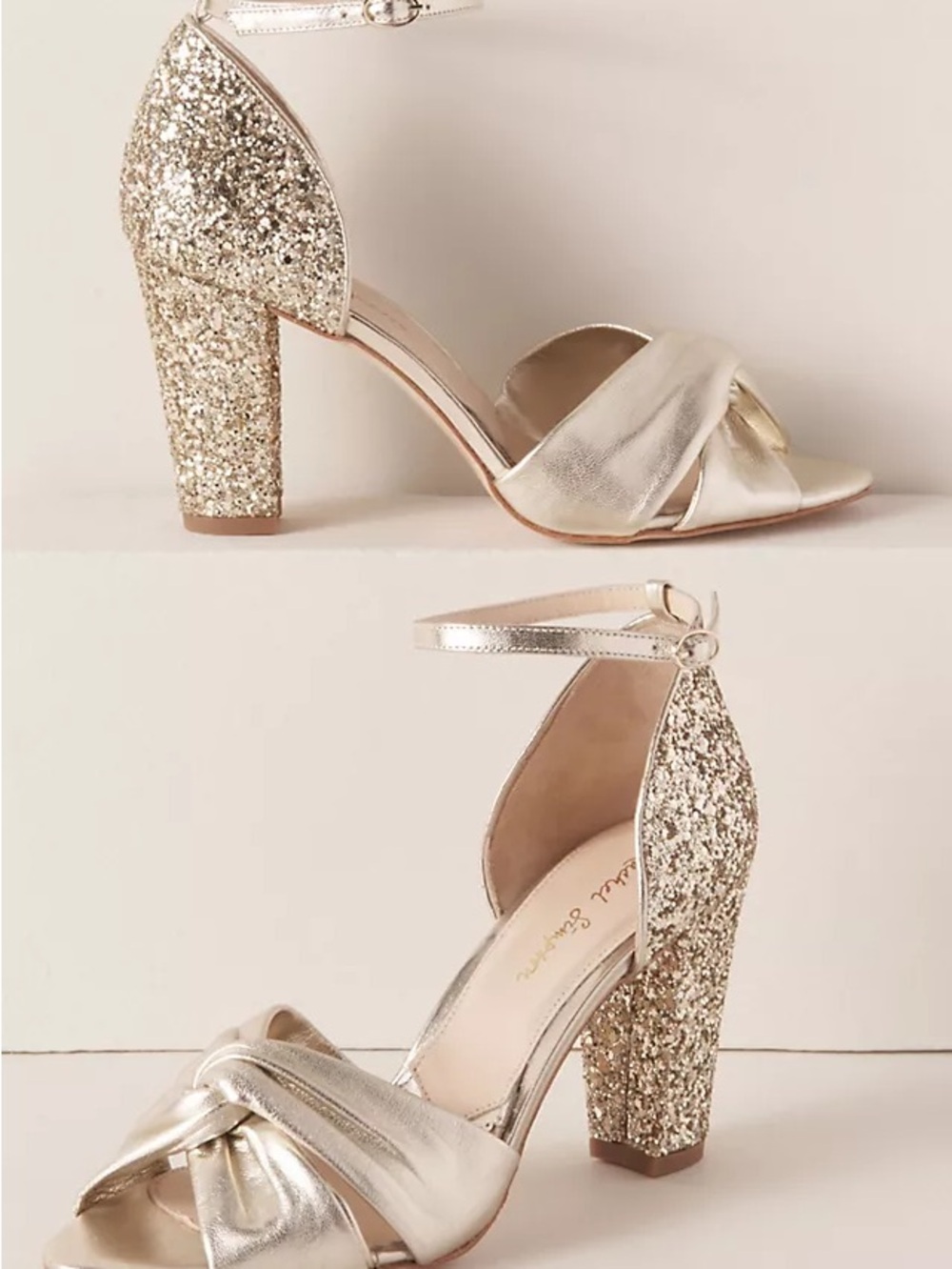 Rachel Simpson BHLDN Candyfloss Gold Glitter Block Heel Sandal Size 37 NWT